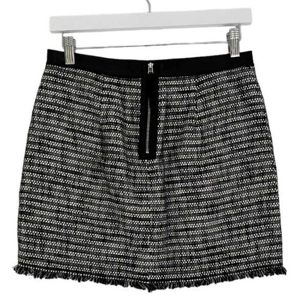 Rebecca Taylor Lamb Leather Trim Linen Tweed Fringe Mini Skirt Grey Black Size 4 - Picture 2 of 9